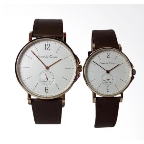 Alexandre Christie Simple Life Stainless Steel Leather Jam Tangan Couple - Brown Light Gold