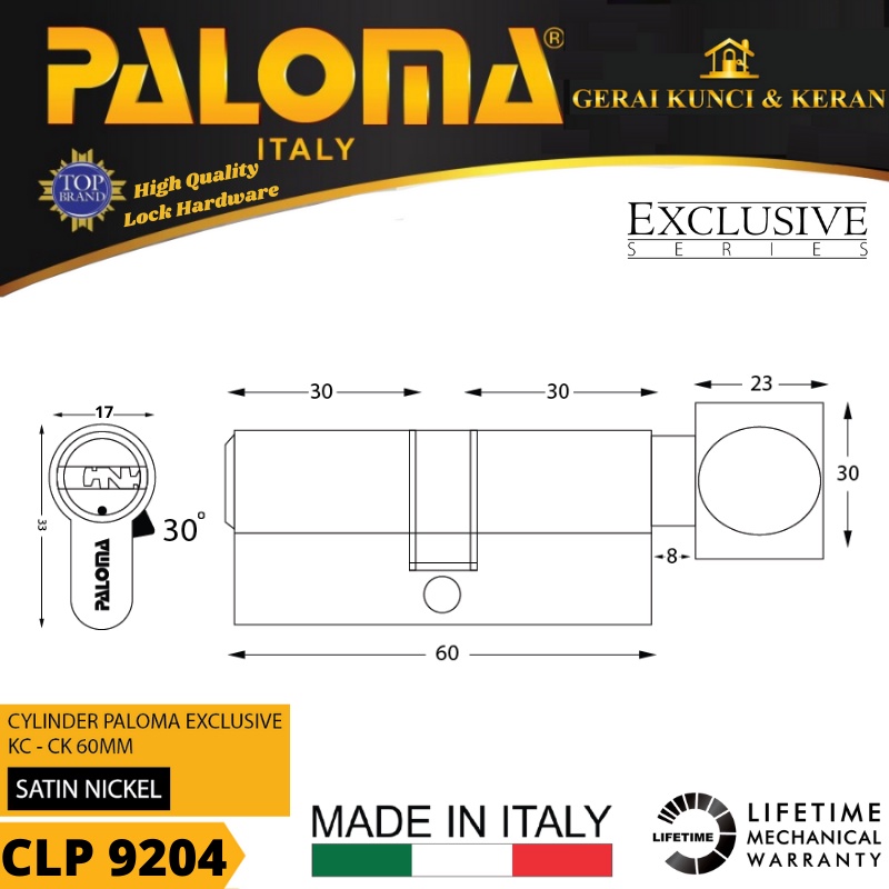 PALOMA CLP 9204 KNOB CYLINDER ITALY 60 MM EXCLUSIVE KUNCI PINTU BRASS SATIN NICKEL