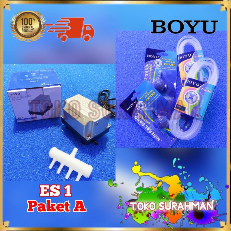 PROMO HARGA PAKET Pompa Udara Aerator  Kolam Aquarium BOYU ES 1 + Selang + Batu Aerasi