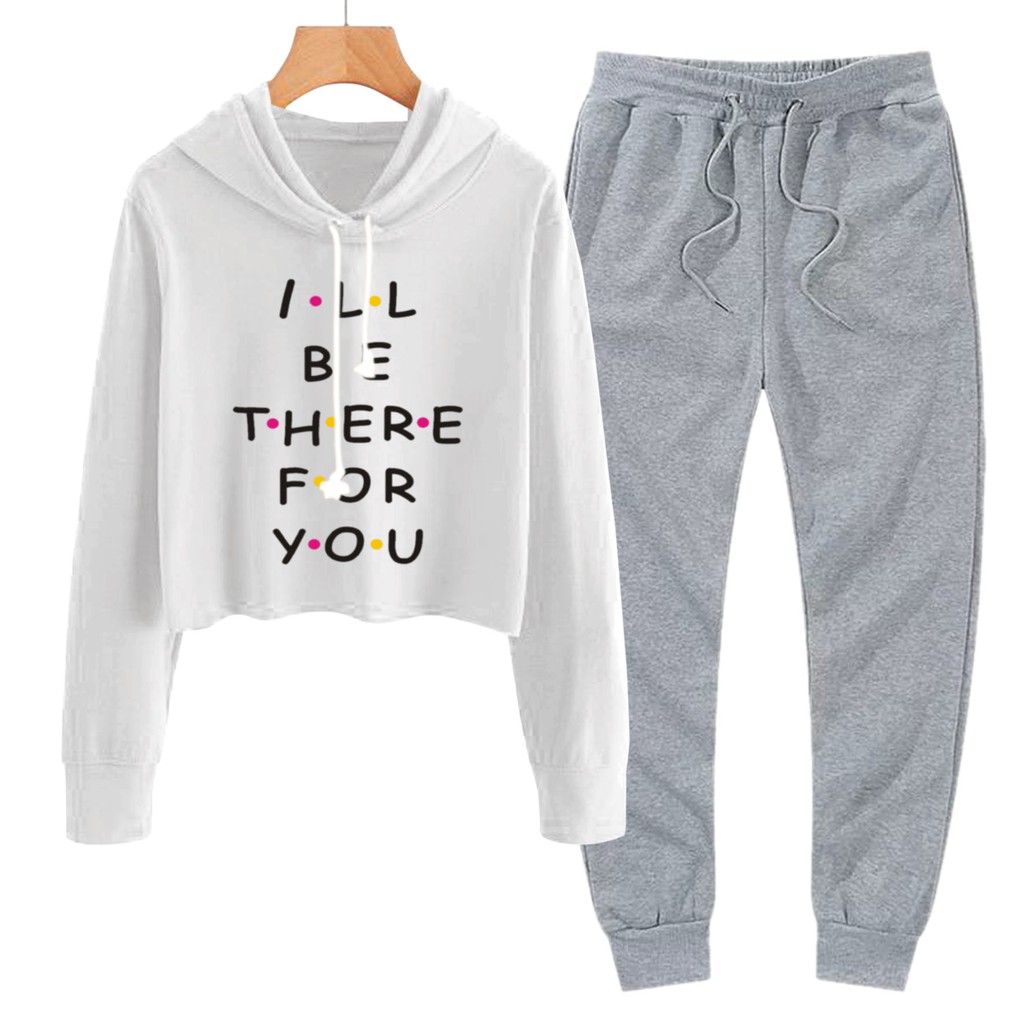 BESS - Baju Setelan Wanita Murah / Setelan Hoodie Crop + Jogger Abu - I BE THERE