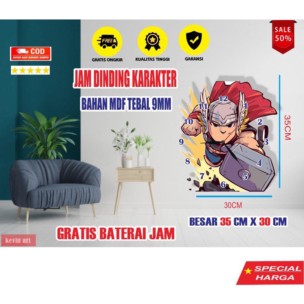 JAM DINDING KAYU UNIK ANGKA BESAR KARAKTER MARVEL THOR MURAH DEKORASI DINGDING KAMAR ANAK COWO KOLEKSI HADIAH KADO ULANG TAHUN LUCU KEREN TEBAL MURAH TEMPEL TEMBOK