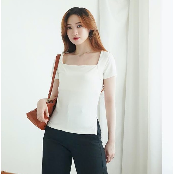 Korean Top Baju Kaos Atasan Wanita Plain Tshirt Square NecK Top 064