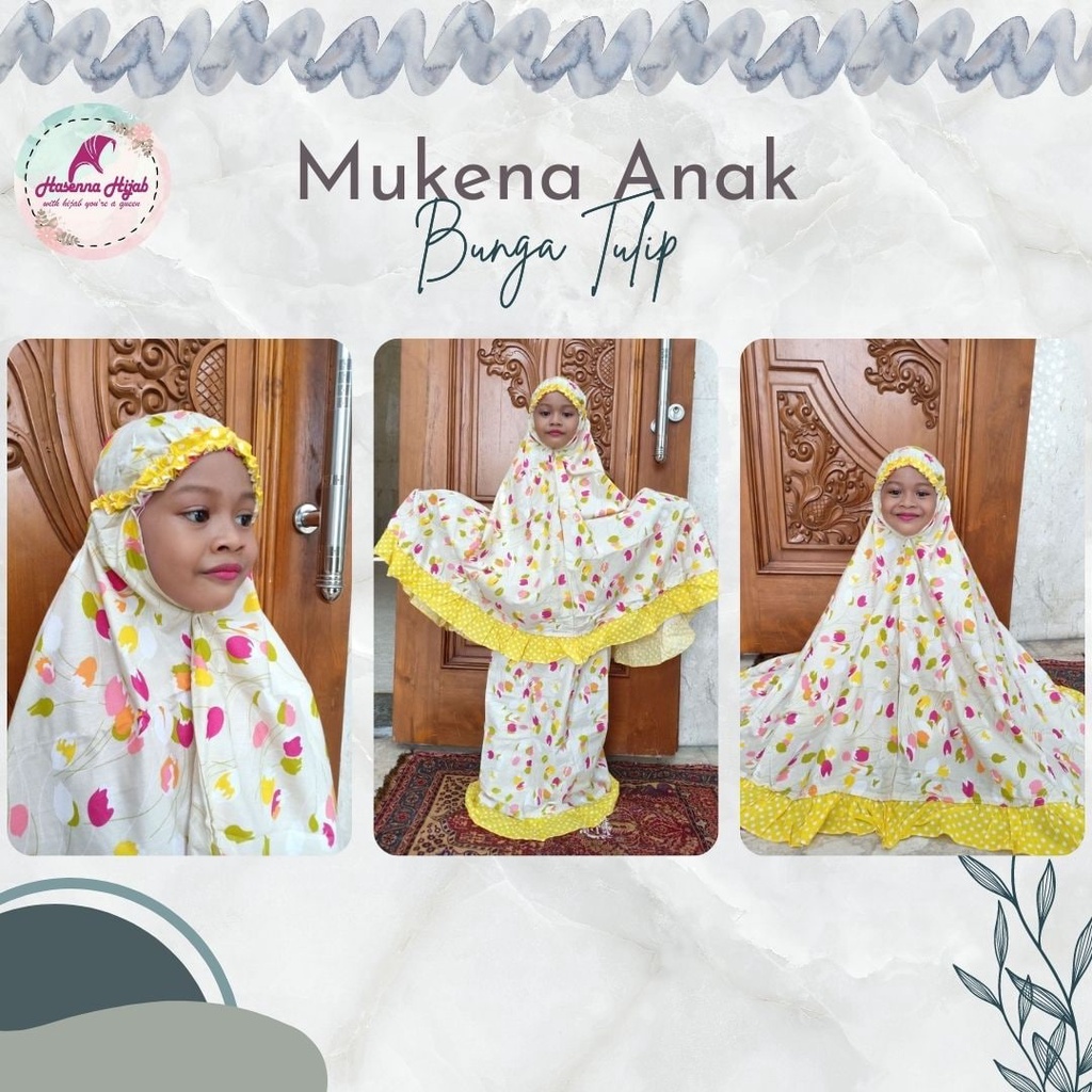 Mukena Anak Premium Motif Bunga Tulip Matt Katun Jepang Premium Variasi Tali Karet Hasenna Hijab