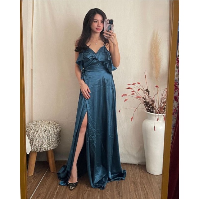 dress sabrina rose gold satin silk slit frill long night dress dinner elegant fine dining gaun panja