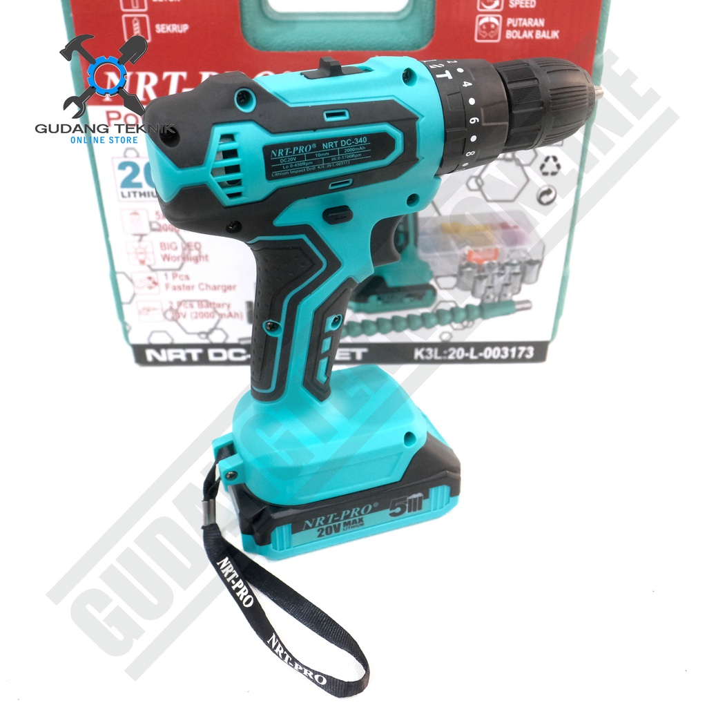 Cordless Drill NRT PRO DC 340 SET / Mesin Bor Baterai Impact Drill 20V Bor Tembok Beton Plus Set Aksesoris / DC340