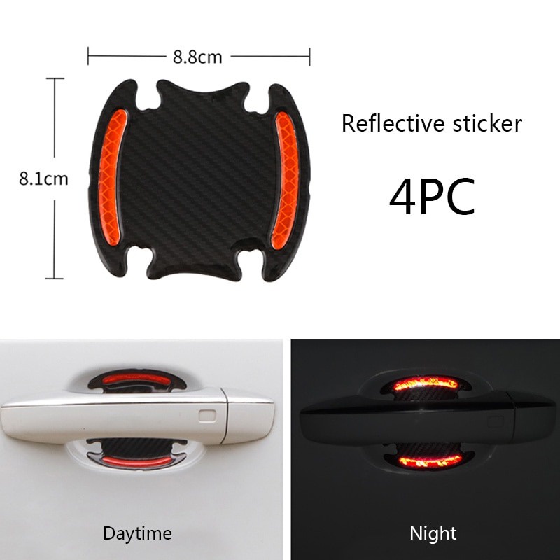 Sticker Gagang Pintu Reflektif Cahaya Seametal Reflective Mobil Car Door Handle Safety Warning Carbon Fiber 4PCS - White / Red Putih Merah