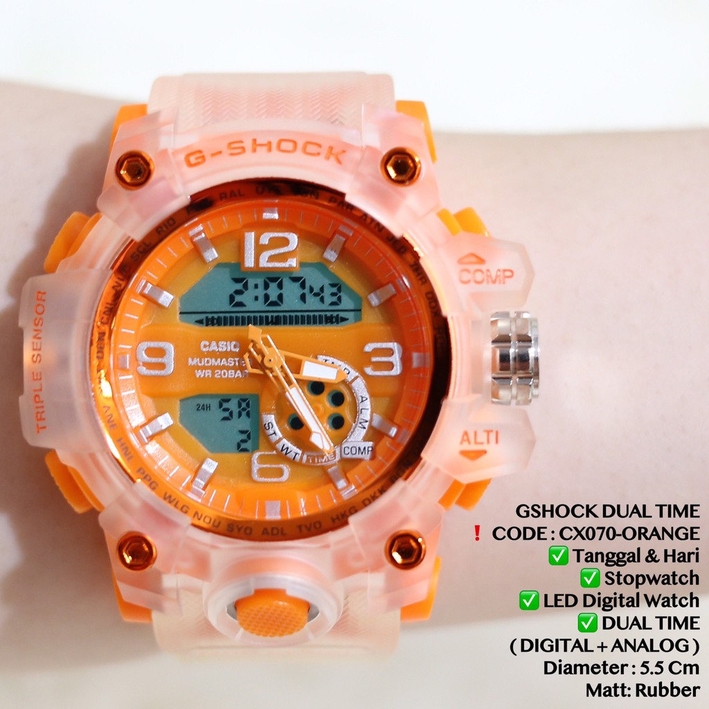 Jam tangan pria GSHOCK double time tali transparan silver free baterai cadangan CX070