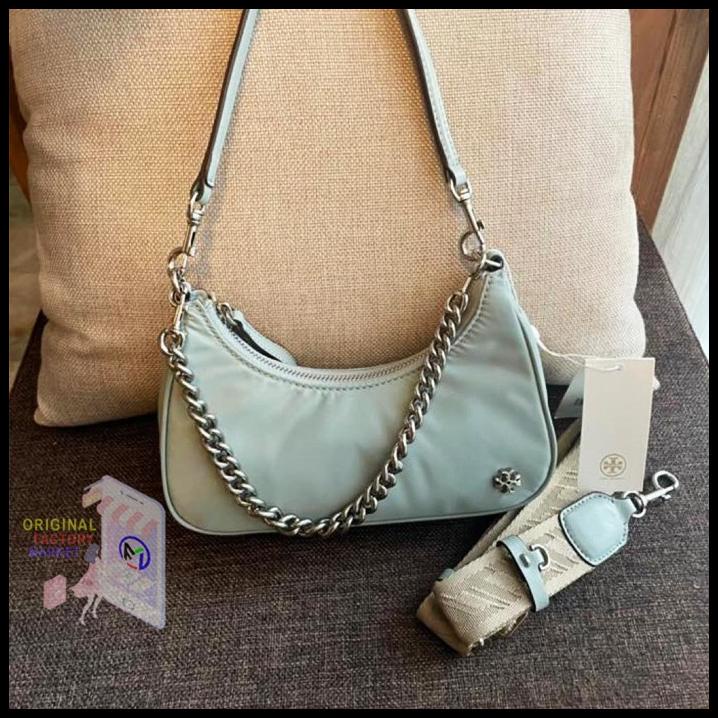 Tas Tory Burch 88885 Mercer Nylon Shoulder Bag Blue Celadon Original