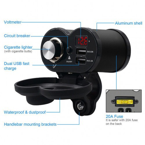 MLD-001 CD3110 3 in 1 Charger Sepeda Motor 2 Output USB Dengan Voltmeter Digital Display