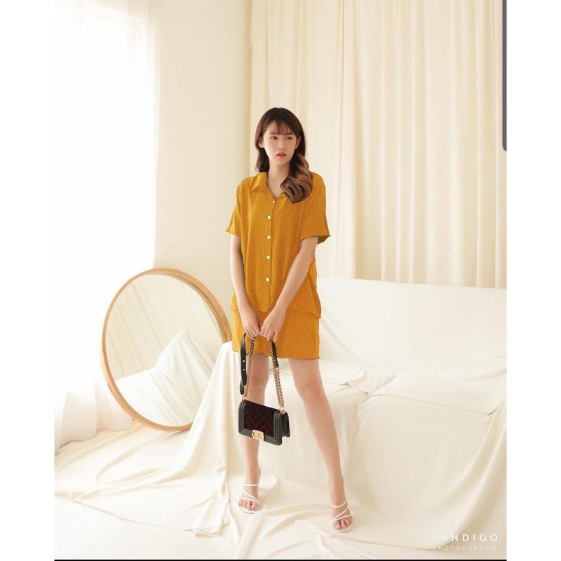 daily set  One set strady basic / setelan kemeja wanita polos/baju santai/pajama gradasi-Kuning