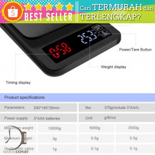 Taffware Digipounds Timbangan Dapur Mini Digital Coffee Scale LCD 3000g 0.1g - TSC3 - Black