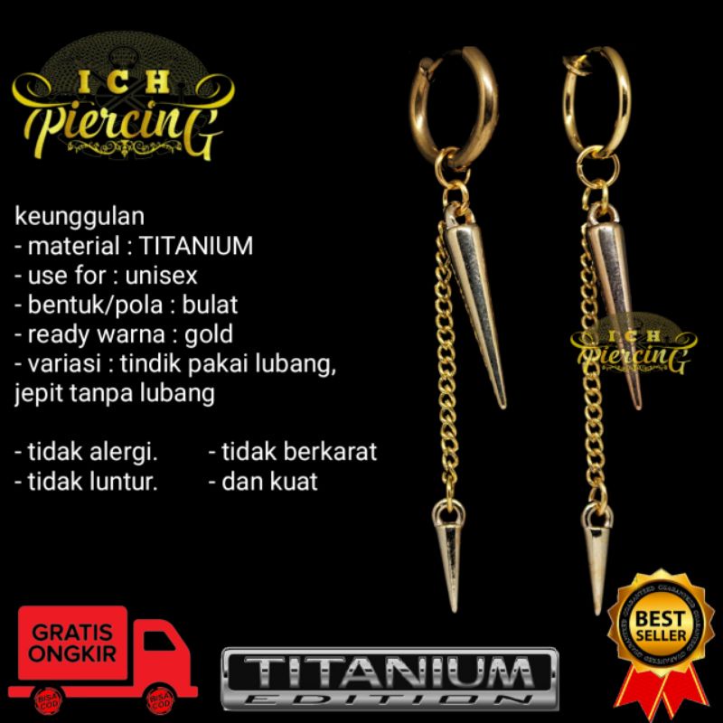 terbaru anting Hoop model tmbak dobel rantai gold / anting Korea gold / anting titanium tindik dan jepit / ICH PIERCING