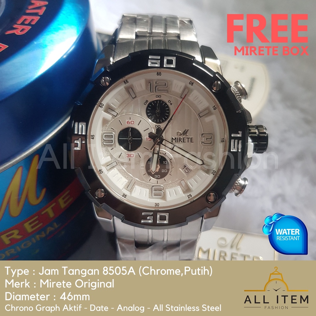 Jam Tangan Chrono Rantai MIRETE 8505A / Jam Tangan Pria Anti Air ORI /Arloji / Watches (FREE BOX)