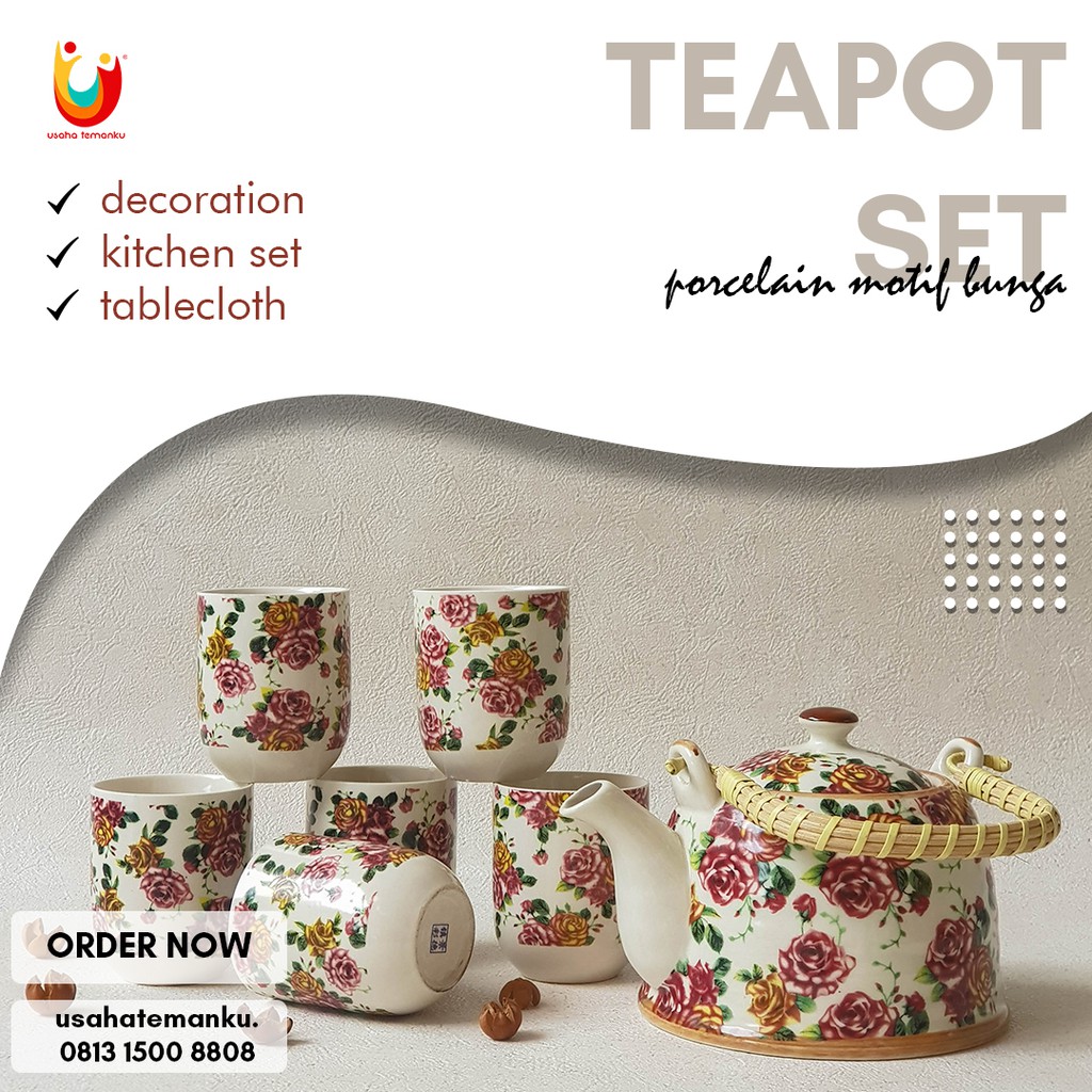 USAHATEMANKU 1 SET TEKO DAN GELAS TEH BAHAN KERAMIK MOTIF BUNGA DENGAN GAGANG BAMBU