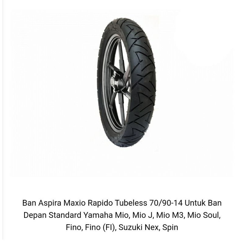 Ban Aspira Maxio Rapido Tubeless 70/90-14 Untuk Ban Depan Standard Mio, Mio J, Mio M3, Mio Soul,Fino