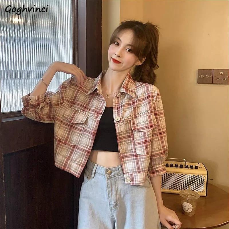 GZB Fashion Baju Kemeja  Wanita Lengan Panjang Terbaru / Kem Olive/ Tartan Outer Crop / Hem Kotak  C