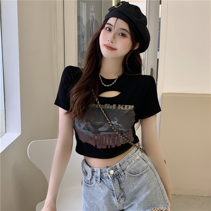 Musim panas wanita Korea baru crop top printing kaos lengan pendek berongga seksi kreatif