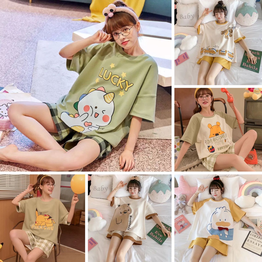 Ven 101- Setelan piyama lengan pendek import motif lucu/impor korea/baju tidur katun bahan lembut