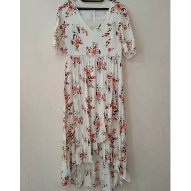 White floral long maxi dress putih size L