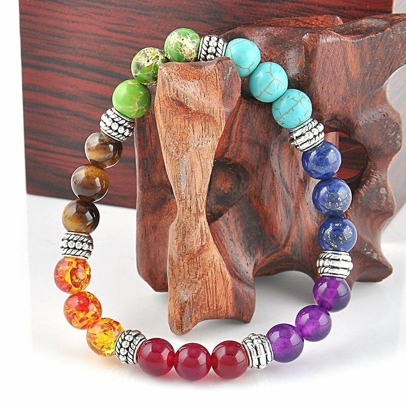 Unisex 7 Chakra Natural  Stone Beads Bracelet / Stress Relief Healing Chakra Yoga Bracelet /  Colourful  Lucky Prayer Beaded Bracelet