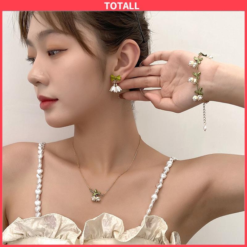 COD Bunga Anggrek Mutiara Musim Semi Desain Unik Indah Elegan Anting-Anting Gelang Kalung-Totall