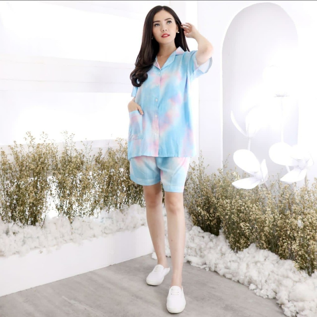 set piyama wanita tie dye hot pants myda matt rayon real pic