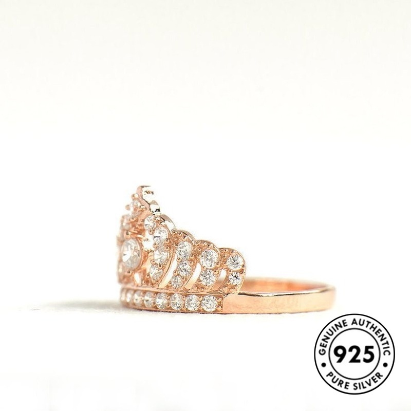 Cincin S925 Silver Rose Gold Bentuk Mahkota Aksen Berlian