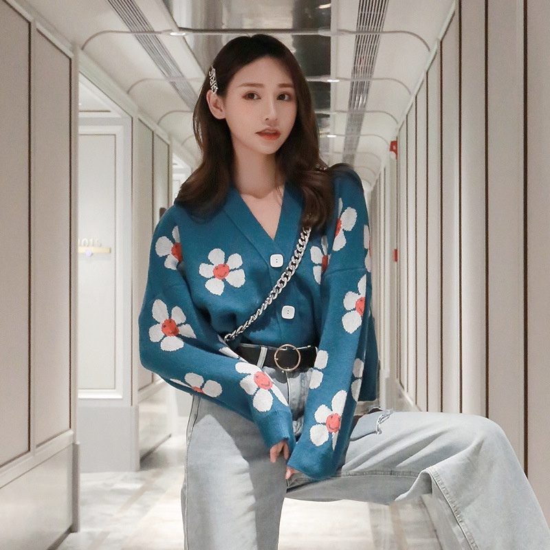yikoo-Cardigan lengan panjang motif bunga wanita korea kardigan rajut