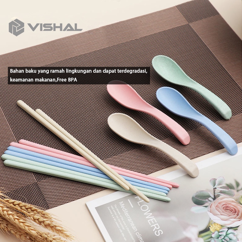 VISHAL 1Set Dinner Plate Piring Bulat Mangkok Wheat Straw Bowl Sumpit Sendok Free BPA Mangkuk / Gelas / Jerami Makan Bowl