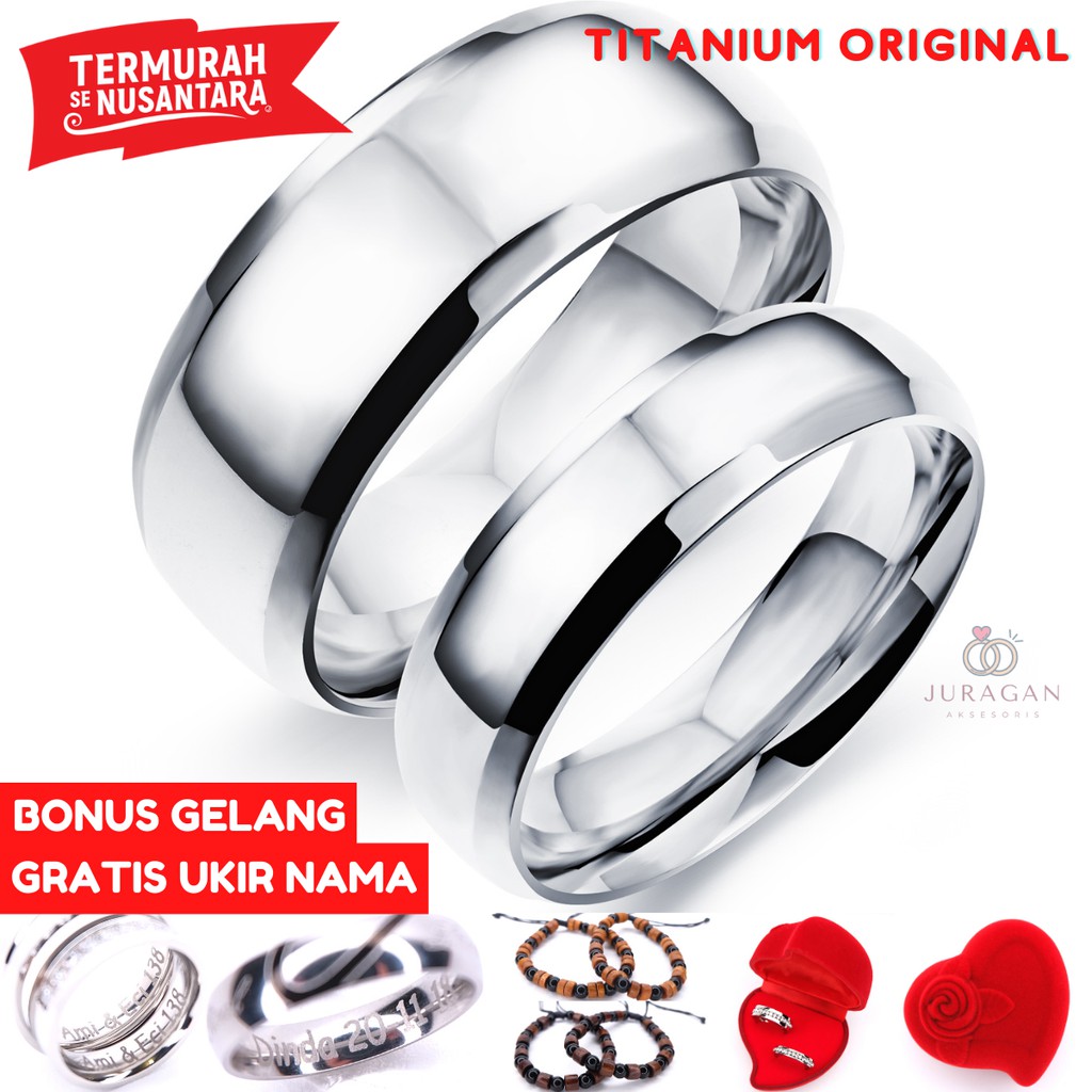 AILOVIU Cincin Couple Romantis R100 Titanium Ukir Nama Silver Polos Simple Unik Pria Wanita Tunangan Perak Emas Putih Paladium Stainless Steel