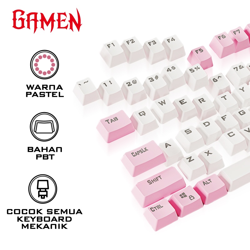 GAMEN PBT Keycaps Pink White for Mechanical Keyboard / Keycaps GMK01 Kompatibel dengan Keyboard Mekanik MX Bahan PBT &amp; Tidak Berminyak Original - Garansi resmi 1 Tahun