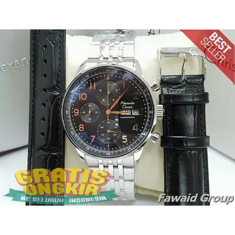 Best Seller Jam tangan Pria ALEXANDRE CHRISTIE AC 6492 PRIA SILVER BLACK BONUS LEATHER ORI