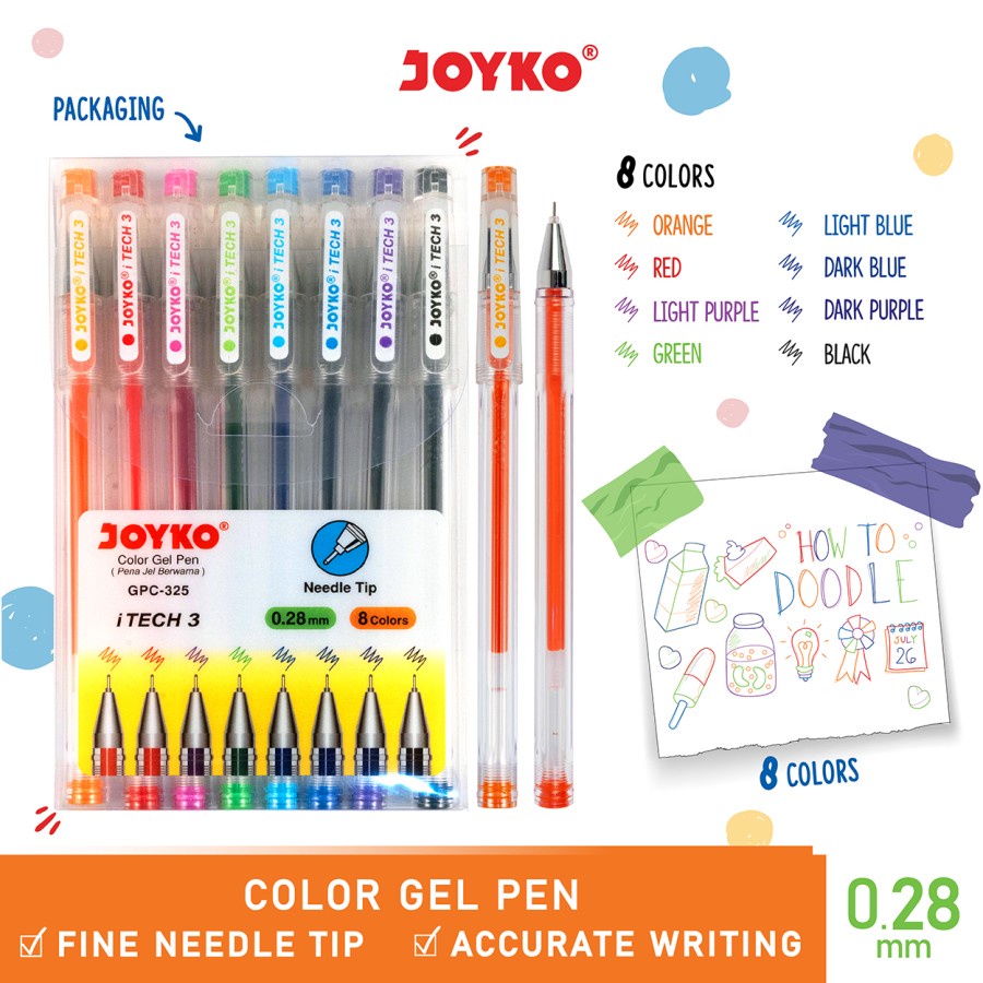 

Color Gel Pen Pulpen Pena Joyko GPC-325 iTech3 1 Set 8 Warna 0.28 mm