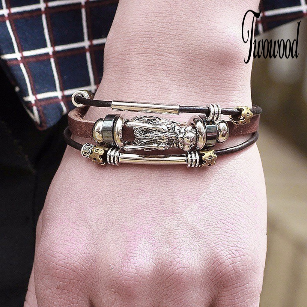 Gelang Multilayer Bahan Kulit Imitasi Gaya Vintage Punk Untuk Pria