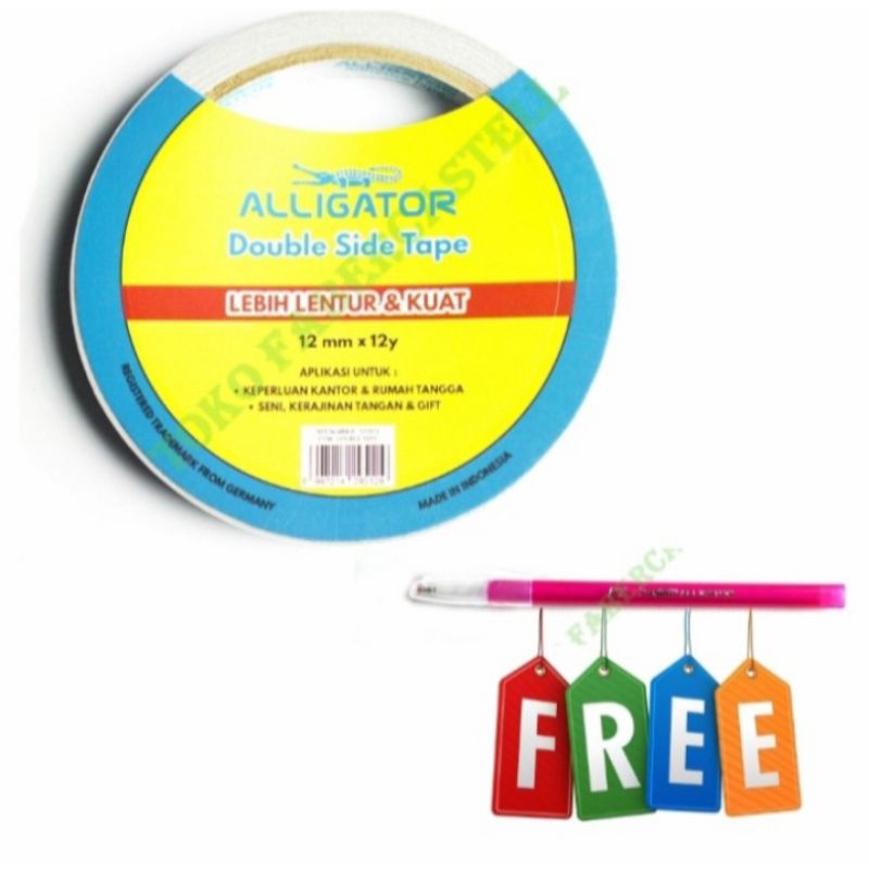 

Double Tape Kecil Alligator 12mm x 12yard ( Promo Bonus 1 pcs Pulpen D7 Alligator )