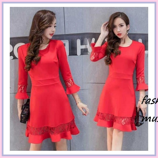 Baju Dress Wanita Cewe Kerja Gereja Gaun Kondangan Pesta Pernikahan Imlek Sincia [Sandra Dress Ox]Dr