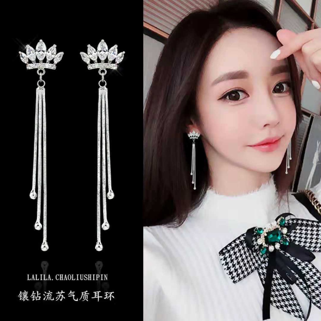 Penuh diamond Super fairy crown earrings online influencer earbud Korea Panjang Rumbai baru khusus k