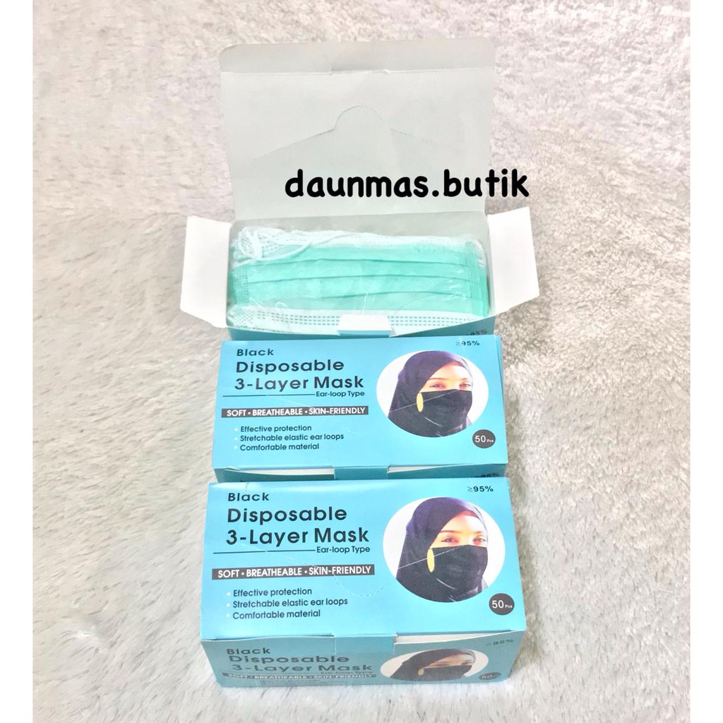 (1BOX ISI 50PCS) MASKER HIJAB DISPOSABLE 3PLY POLOS SIMPEL SEKALI PAKAI