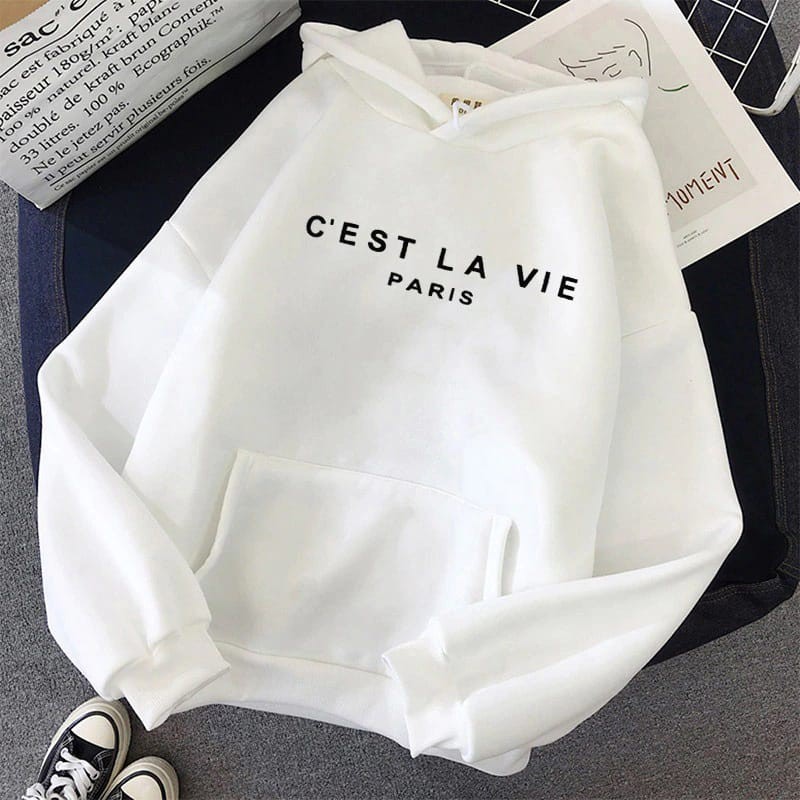 C'EST LA VIE HOODIE SWEATER WANITA PULLOVER BAHAN FLEECE SWEATER JUMPER-2