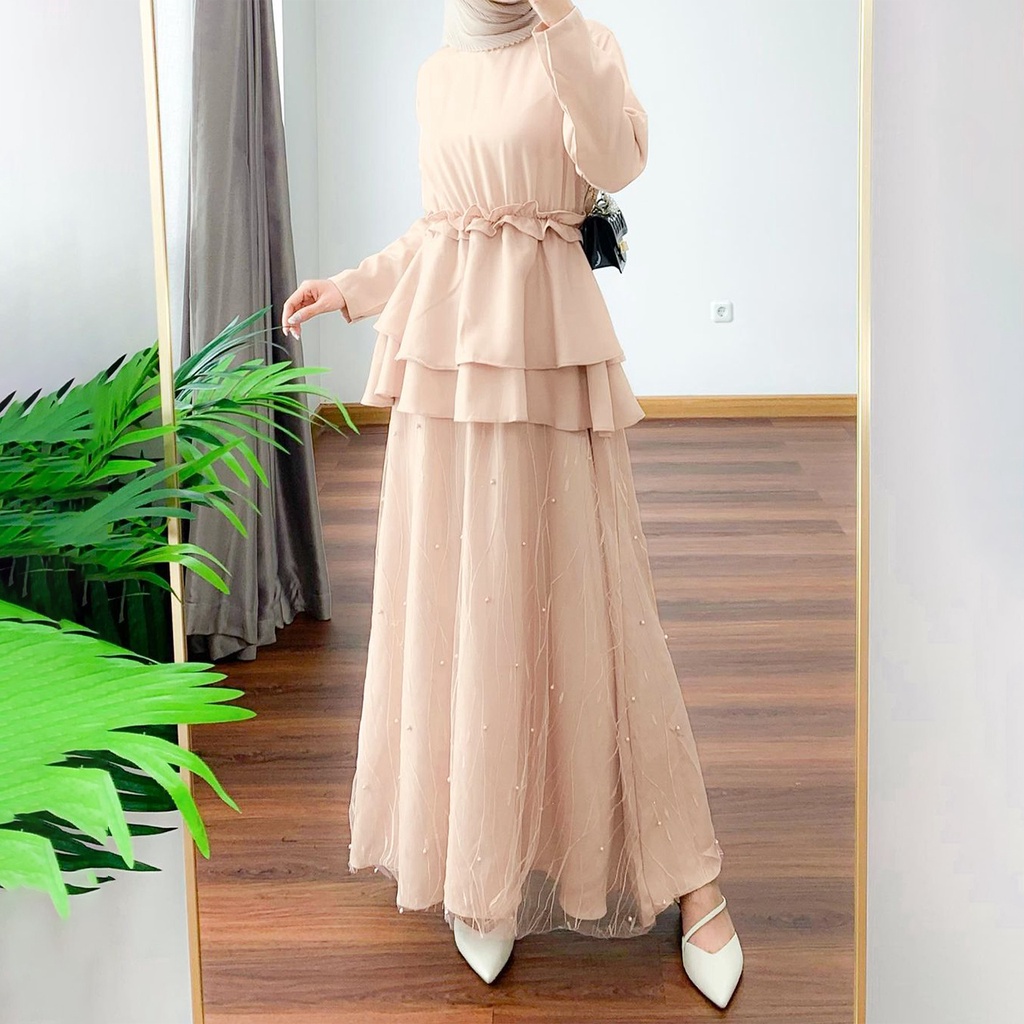 MAXI DRESS ELAINE BRUKAT TILE MUTIARA - DRESS KONDANGAN DRESS LAMARAN - OUTFIT WANITA KEKINIAN - GAMIS MUSLIM MODERN - DRESS BRIDESMAID