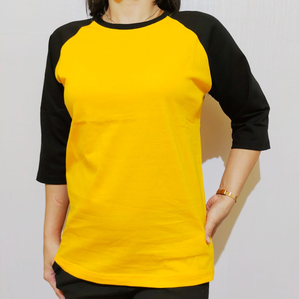 Kaos polos reglan kuning lengan hitam 3/4 20 22 S M L XL XXL