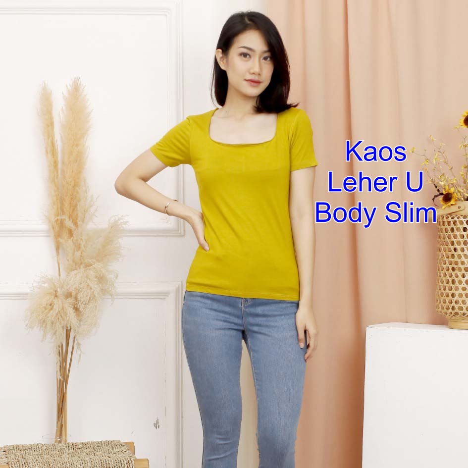 Kaos Atasan Wanita Leher U Top Stylish Wanita Body Slim Sexy Kaos Polos Lengan Pendek Murah Leher U Model Pas Body