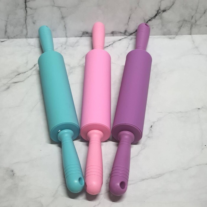 silicone rolling pin with plastic holder 43cm / rolling pin silicone gagang plastik pastel