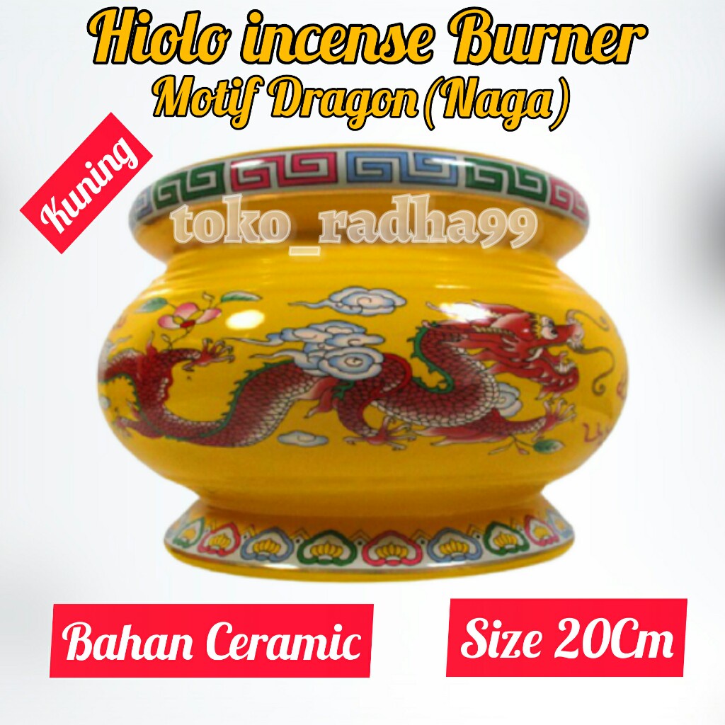 Tempat Bakaran Dupa/hio incense Burner Hiolo Ceramic Kuning Motif Naga 20Cm