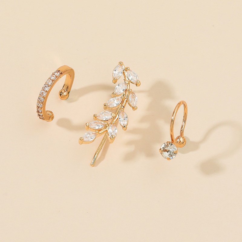 Branches and leaves unilateral zircon does not rust ear bone clip ear buckle ear clip ear stud earrings 2-piece set