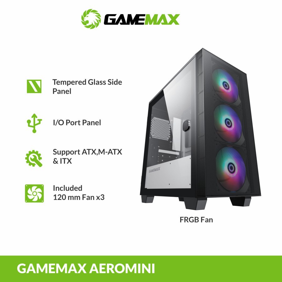 gamemax aero mini pc case casing komputer gaming fan rgb tempered glass micro atx