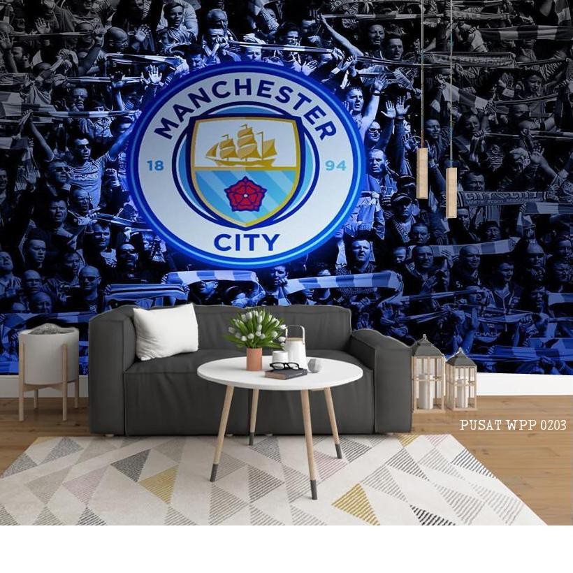 [SALE] Wallpaper dinding custom 3d Motif club team bola Manchester City FC, wallpaper kamar cowok 3d
