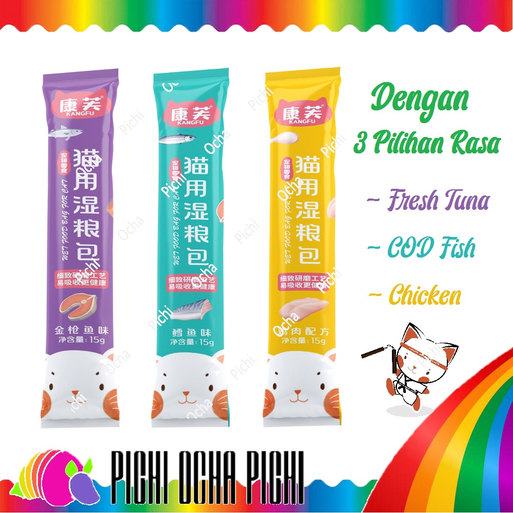 Cat Snack Strip Wet Food Pasta 3 variant rasa @15g (KangFu)