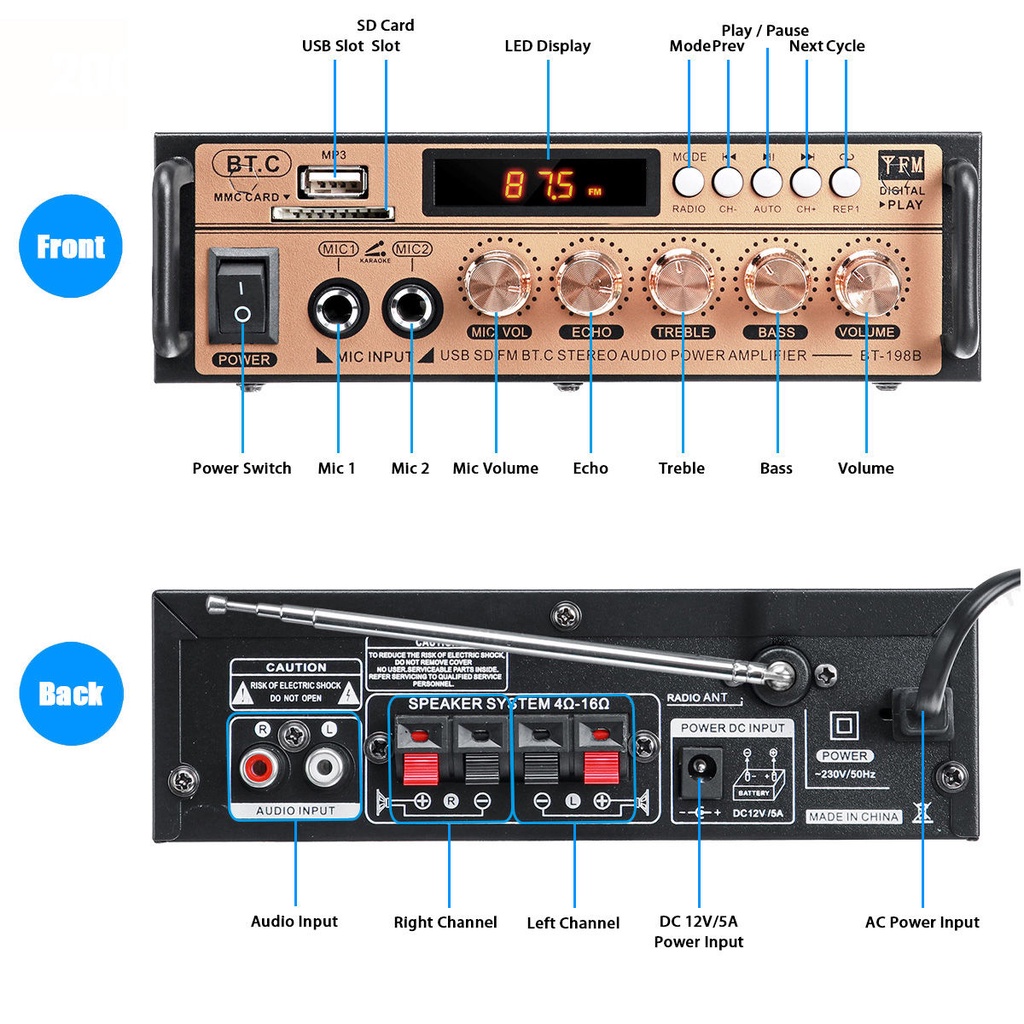 Power Ampli Amplifier BT-198A Bluetooth 600W Karaoke Home Theater FM Radio