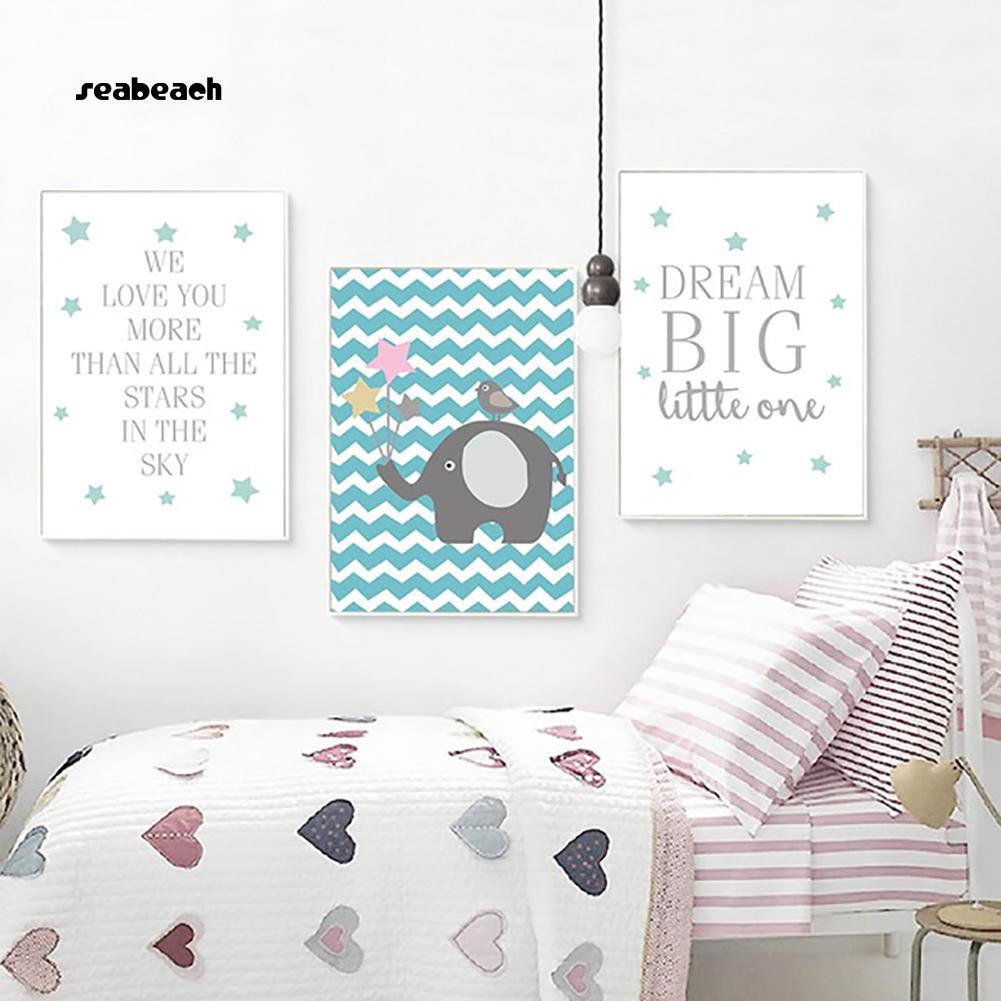 Seabeach Nordic Cartoon Elephant Letters Canvas Poster Wall Painting Kids Bedroom Decor